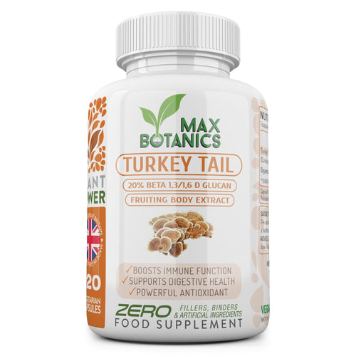 A bottle of Max Botanics Turkey Tail mushroom supplement with 20% Beta Glucan, indicating immune and digestive benefits, and stating it is a fruiting body extract.