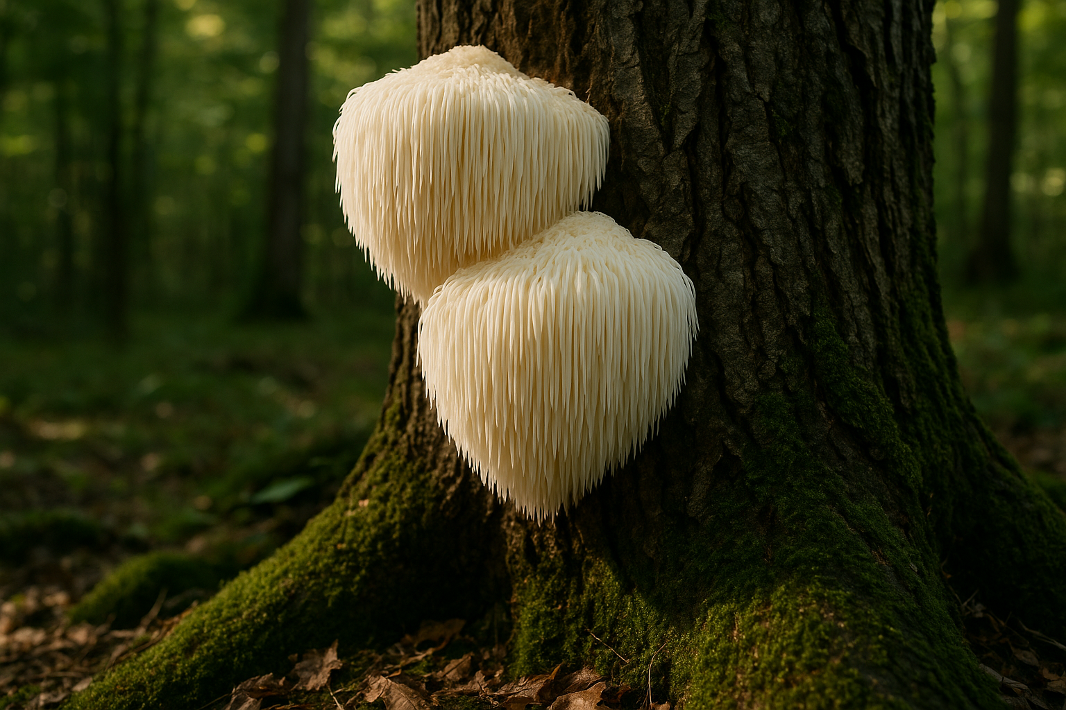 lions mane mushrooms growing in natural environment 