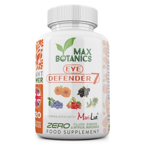 A bottle of Max Botanics Eye Defender 7 food supplement, formulated with various fruits and vegetables for eye health support.